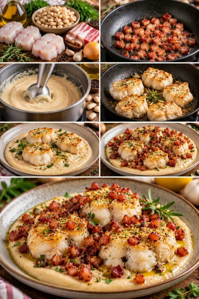 Tranci di Rana Pescatrice con Crema di Cannellini e Pancetta Croccante