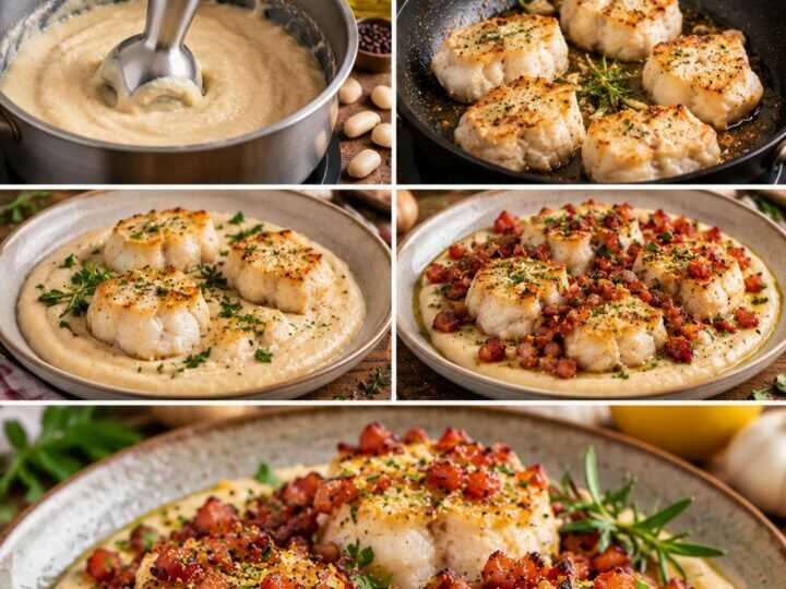 Tranci di Rana Pescatrice con Crema di Cannellini e Pancetta Croccante