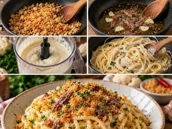 Spaghetti con Crema di Cavolfiore, Acciughe e Mollica Croccante – Sicilia