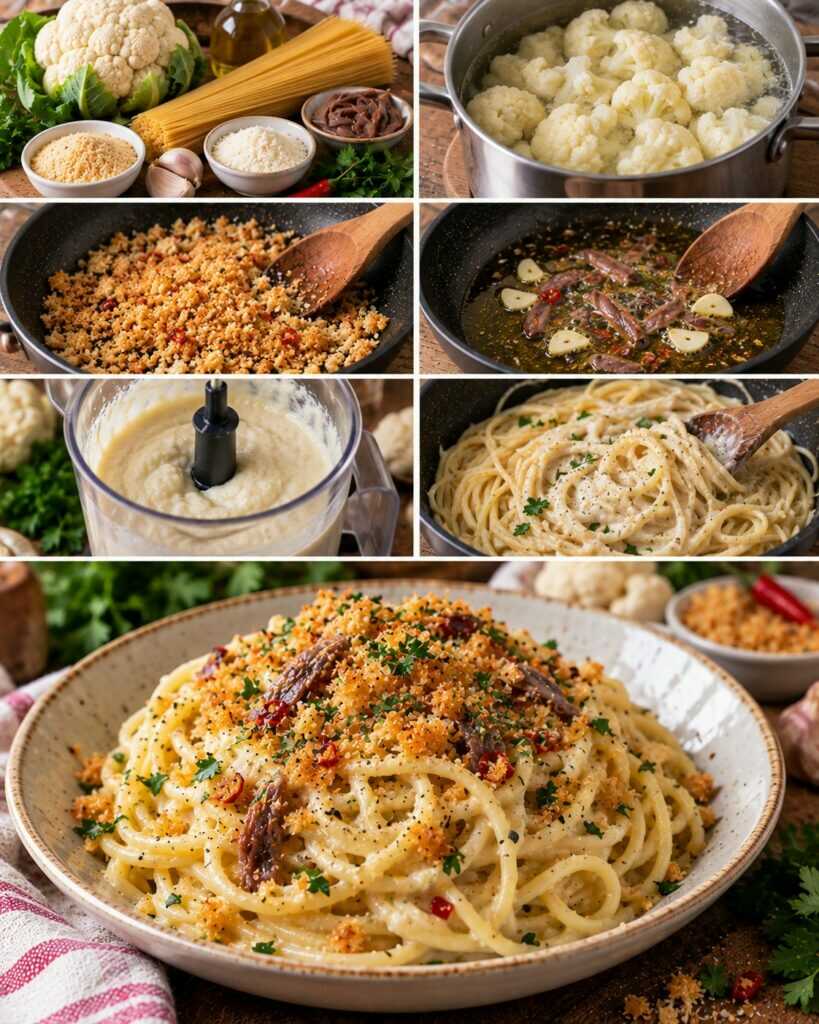 Spaghetti con Crema di Cavolfiore, Acciughe e Mollica Croccante – Sicilia