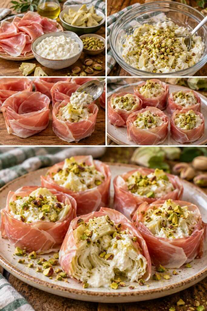 Rose Fredde di Prosciutto Cotto con Stracciatella, Carciofini e Granella di Pistacchi