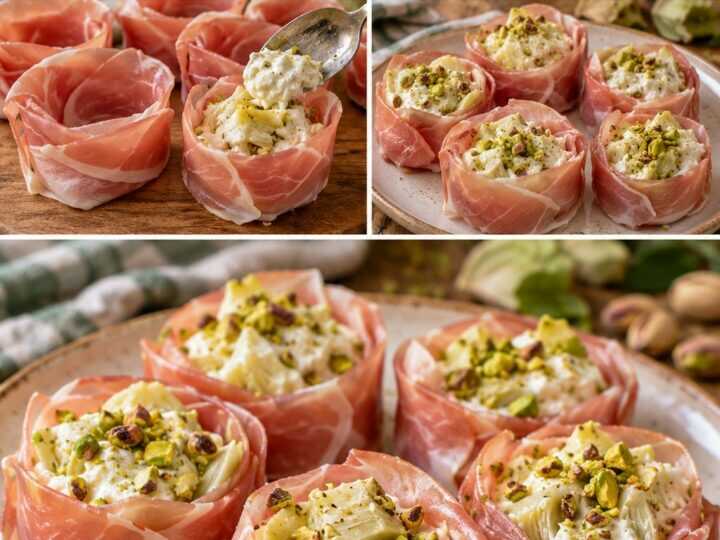 Rose Fredde di Prosciutto Cotto con Stracciatella, Carciofini e Granella di Pistacchi