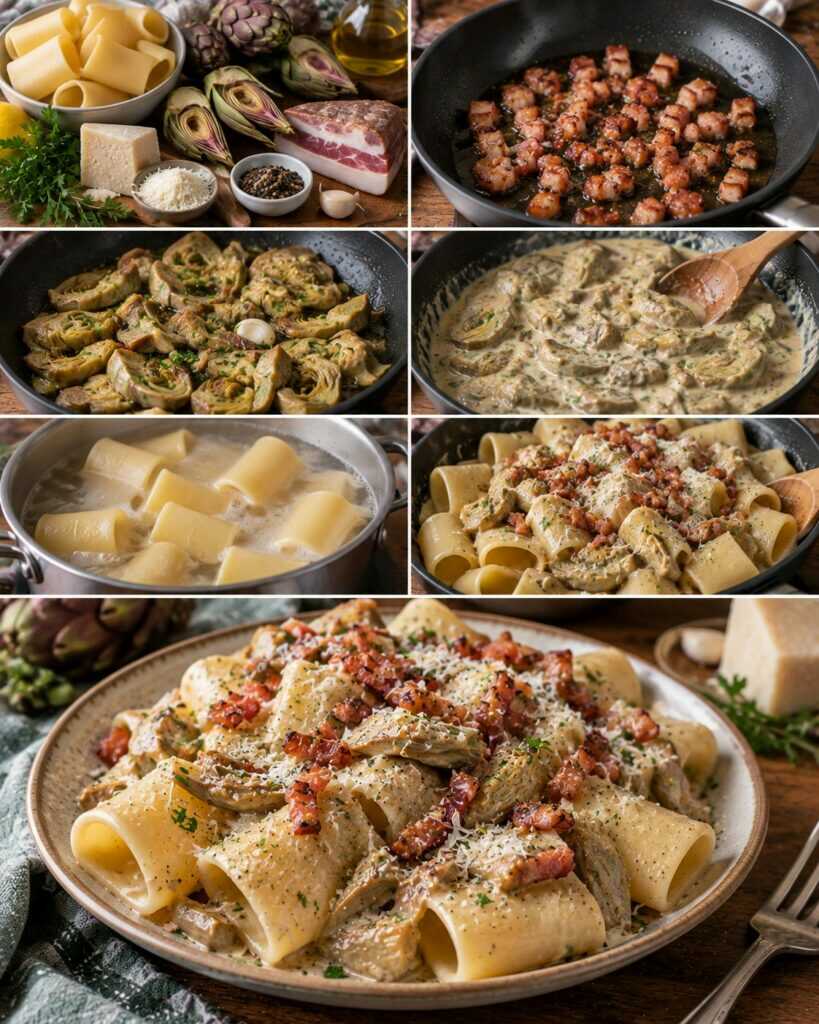 Paccheri Cremosi ai Carciofi, Pecorino e Guanciale Croccante – Lazio
