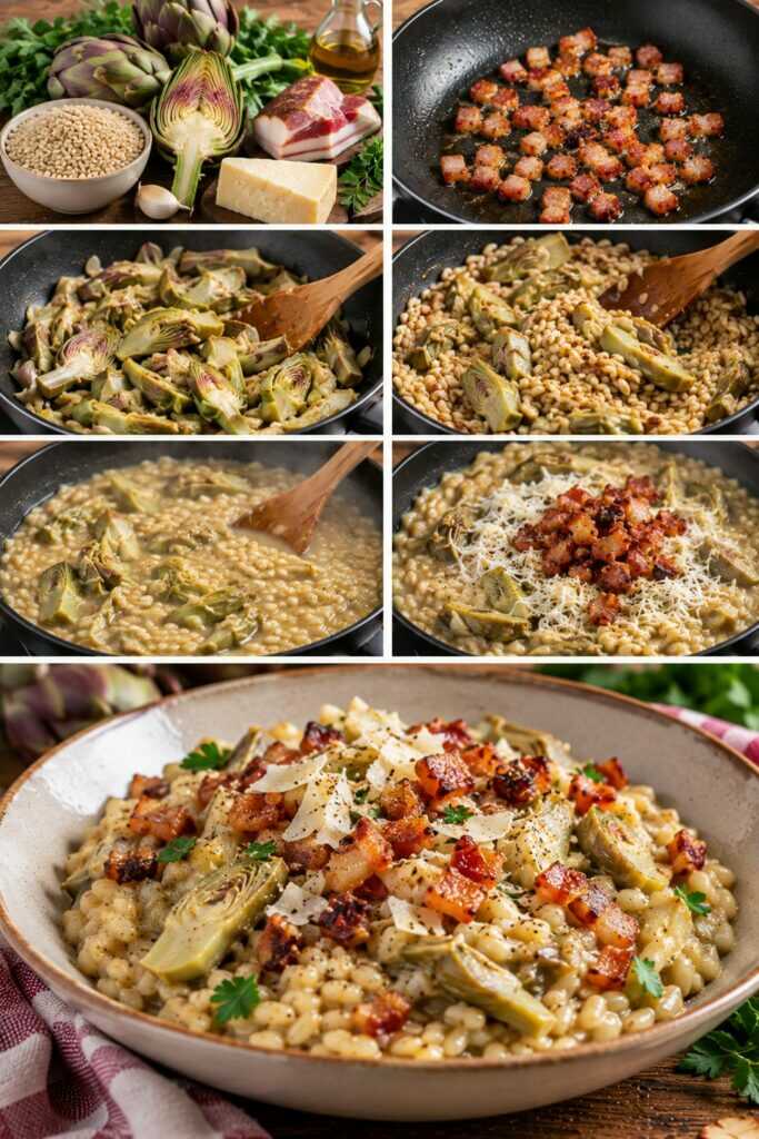 Orzotto Cremoso ai Carciofi con Pecorino e Guanciale Croccante – Lazio