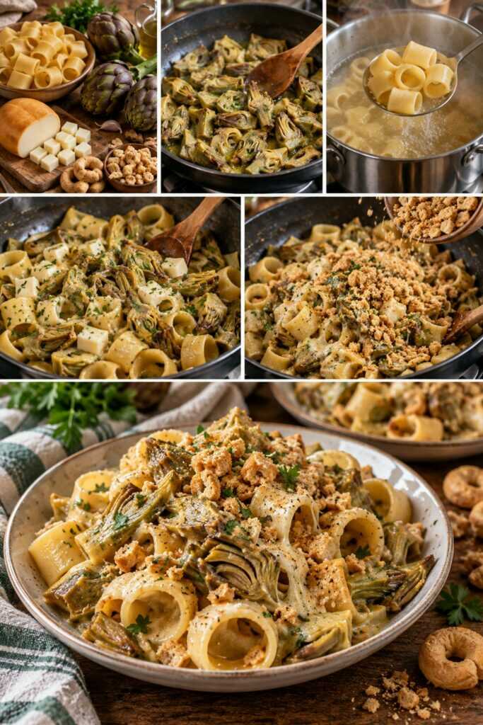 Calamarata con Carciofi, Provola Affumicata e Taralli Croccanti