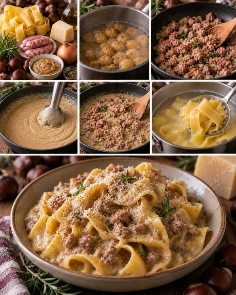 Pappardelle con Crema di Castagne, Salsiccia e Rosmarino – Toscana