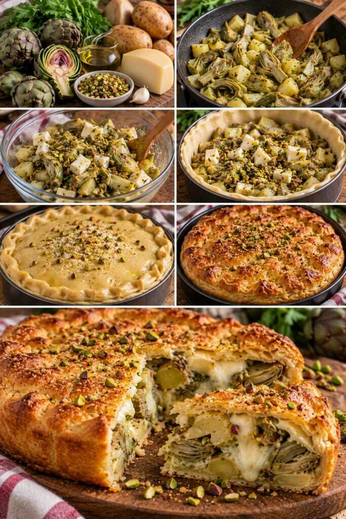 Torta Rustica di Carciofi con Patate, Caciocavallo e Pistacchi