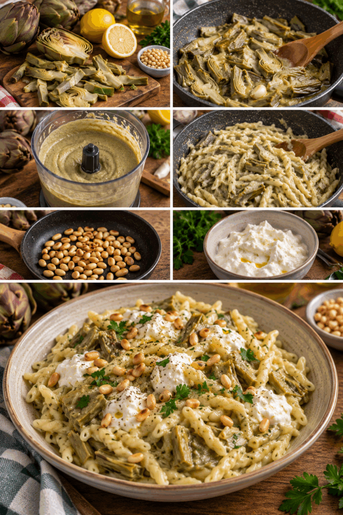 Trofie con Crema di Carciofi, Stracciatella e Pinoli Tostati – Liguria