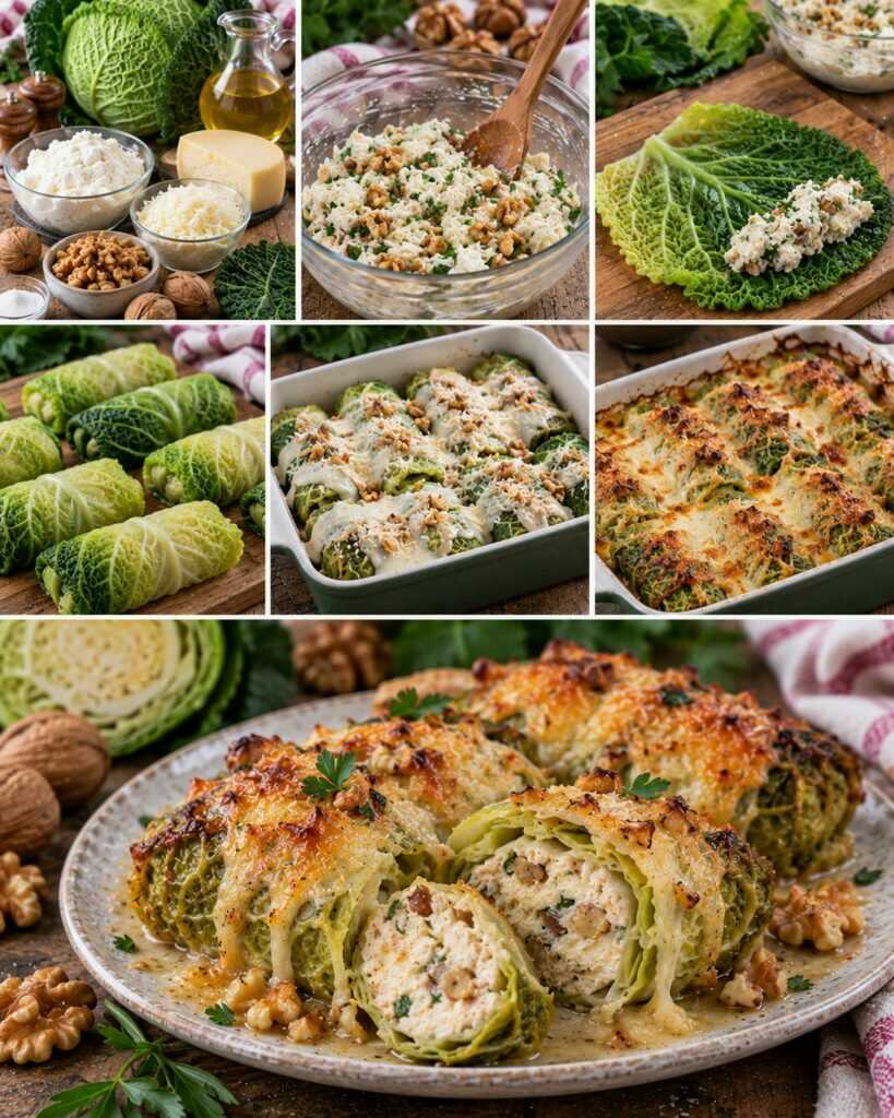 Rotolini di Verza al Forno con Ricotta, Scamorza e Noci – Lombardia