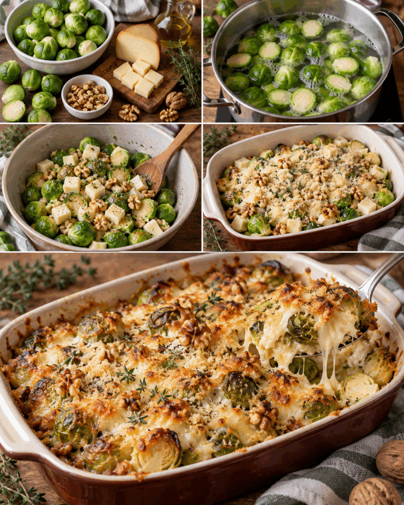 Cavolini di Bruxelles Gratinati con Scamorza Affumicata, Noci e Timo – Lombardia