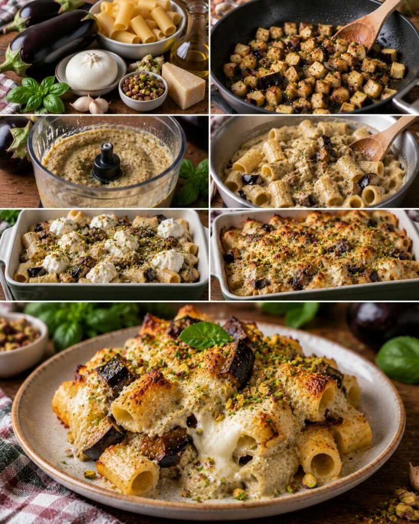 Rigatoni al Forno con Crema di Melanzane, Burrata e Pistacchi – Sicilia