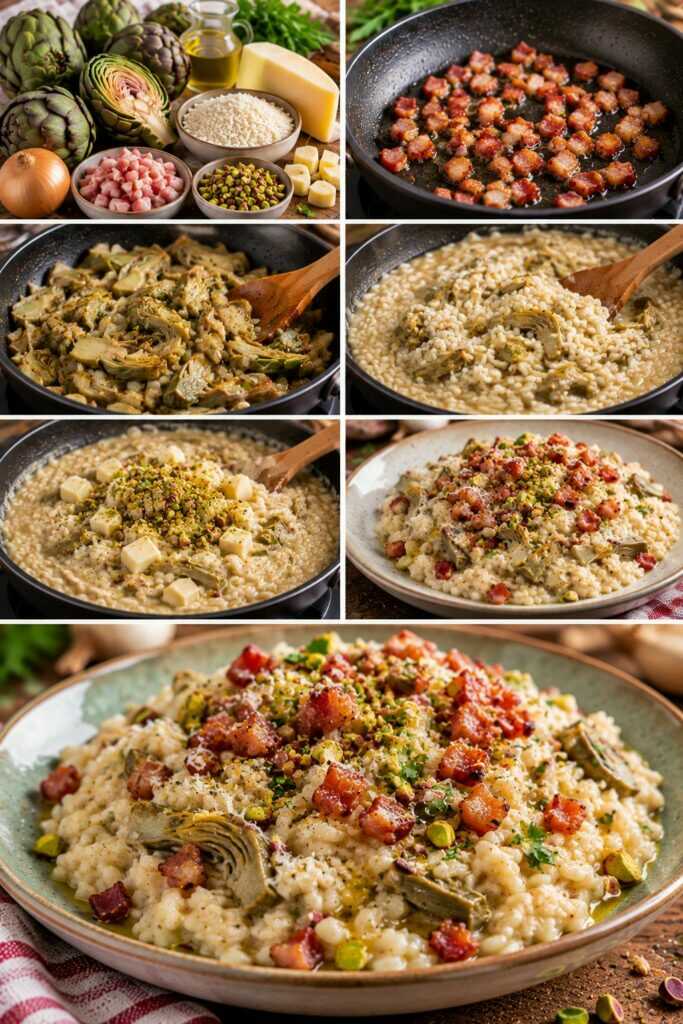 Risotto ai Carciofi con Caciocavallo, Pistacchi e Pancetta Croccante
