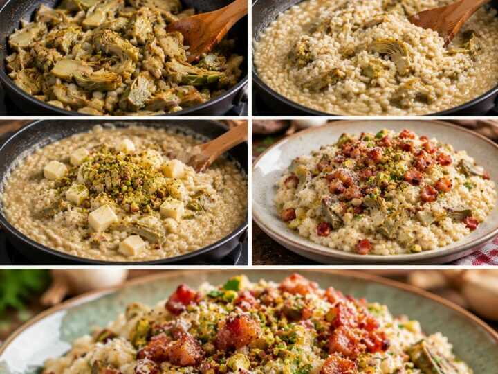 Risotto ai Carciofi con Caciocavallo, Pistacchi e Pancetta Croccante