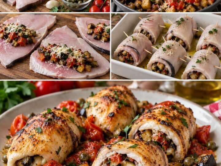 Involtini di Pesce Spada con Melanzane, Pecorino e Capperi