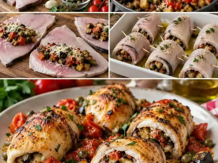 Involtini di Pesce Spada con Melanzane, Pecorino e Capperi