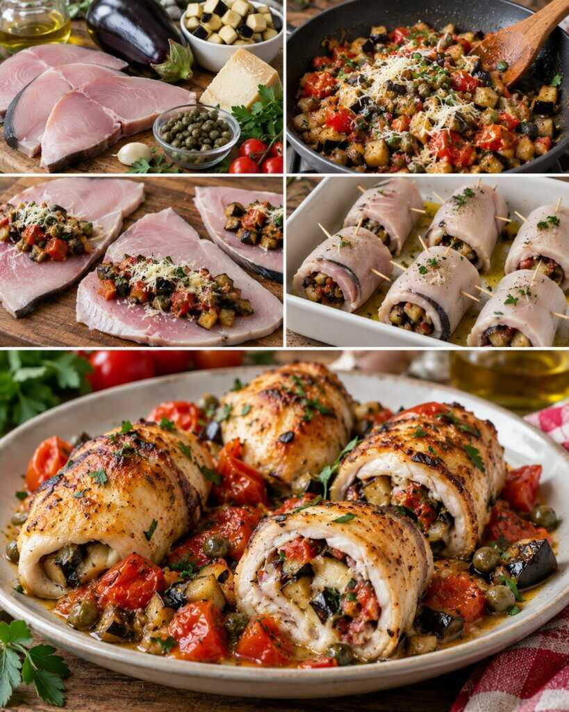 Involtini di Pesce Spada con Melanzane, Pecorino e Capperi
