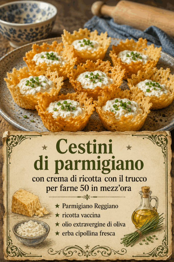 Cestini di parmigiano con crema di ricotta con il trucco per farne 50 in mezz’ora