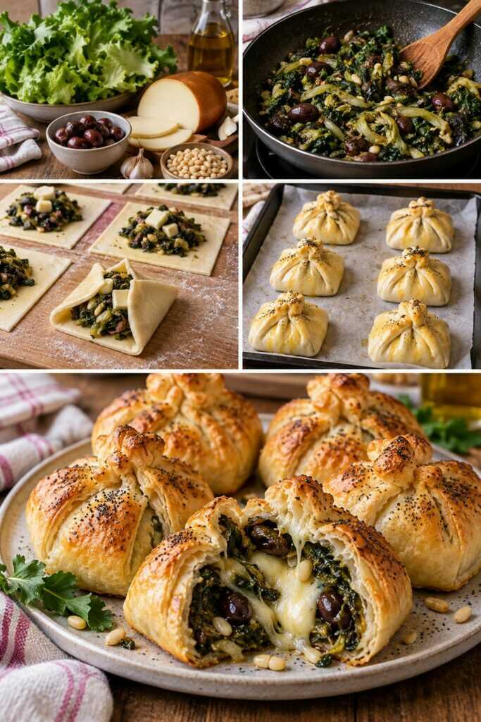 Fagottini di Scarola con Provola Affumicata, Olive e Pinoli – Campania