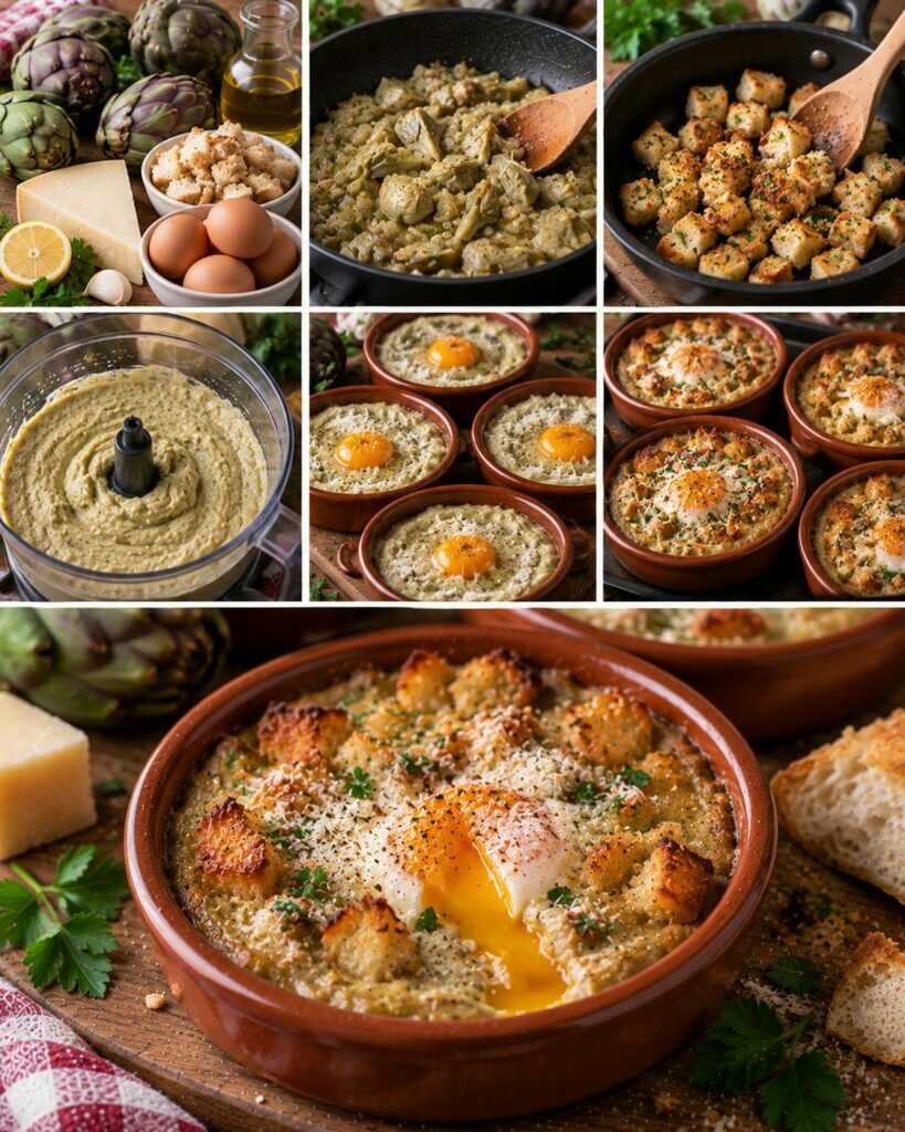 Uova al Forno su Crema di Carciofi con Pecorino e Pane Croccante
