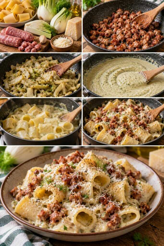 Mezzi Paccheri con Crema di Finocchi, Salsiccia Croccante e Pecorino – Toscana