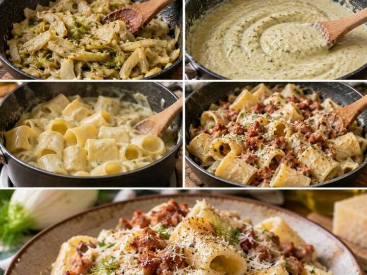 Mezzi Paccheri con Crema di Finocchi, Salsiccia Croccante e Pecorino – Toscana