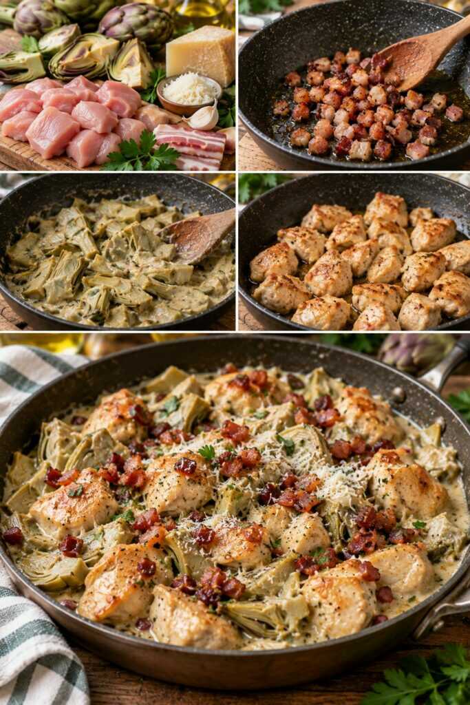 Bocconcini di Pollo con Crema di Carciofi, Pecorino e Guanciale Croccante – Lazio