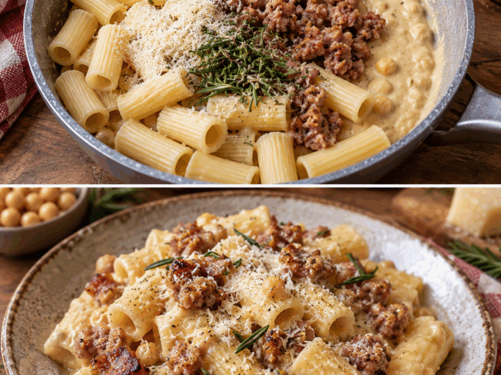 Rigatoni con Crema di Ceci, Salsiccia Croccante e Rosmarino – Umbria