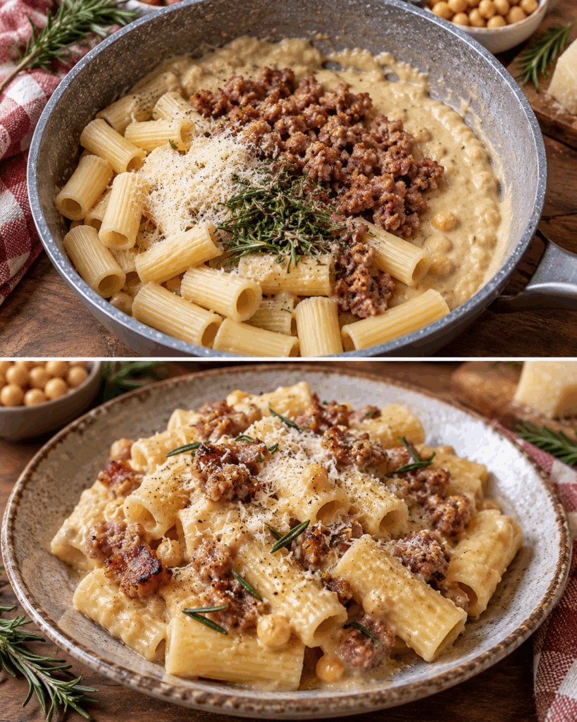 Rigatoni con Crema di Ceci, Salsiccia Croccante e Rosmarino – Umbria