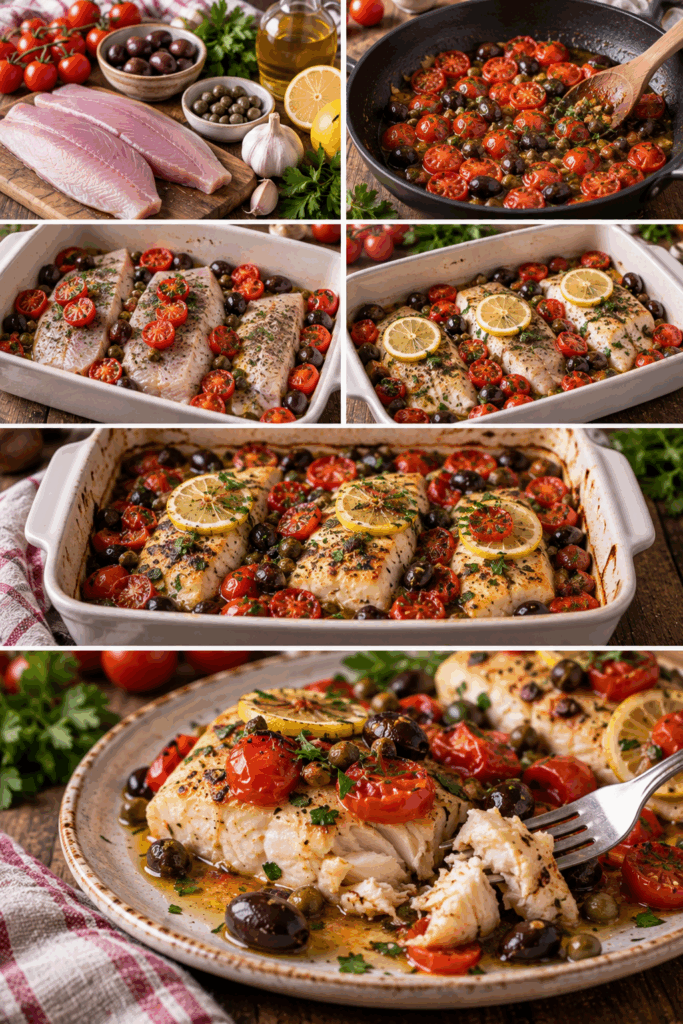 Filetti di Lampuga al Forno con Pomodorini, Olive e Capperi – Sicilia