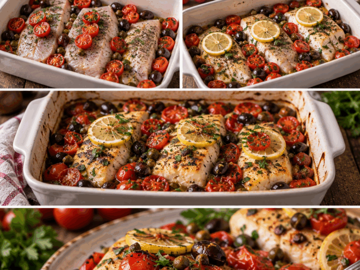 Filetti di Lampuga al Forno con Pomodorini, Olive e Capperi – Sicilia