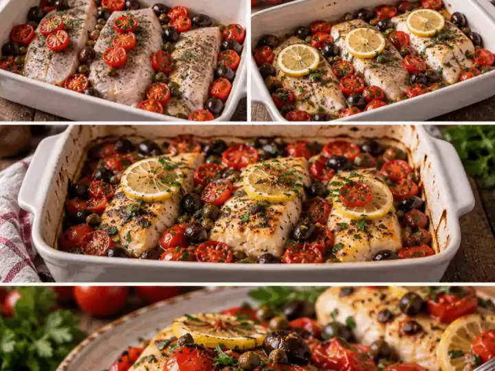 Filetti di Lampuga al Forno con Pomodorini, Olive e Capperi – Sicilia