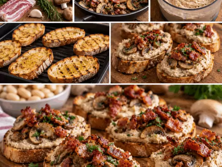 Bruschette con Crema di Cannellini, Funghi e Pancetta Croccante – Toscana
