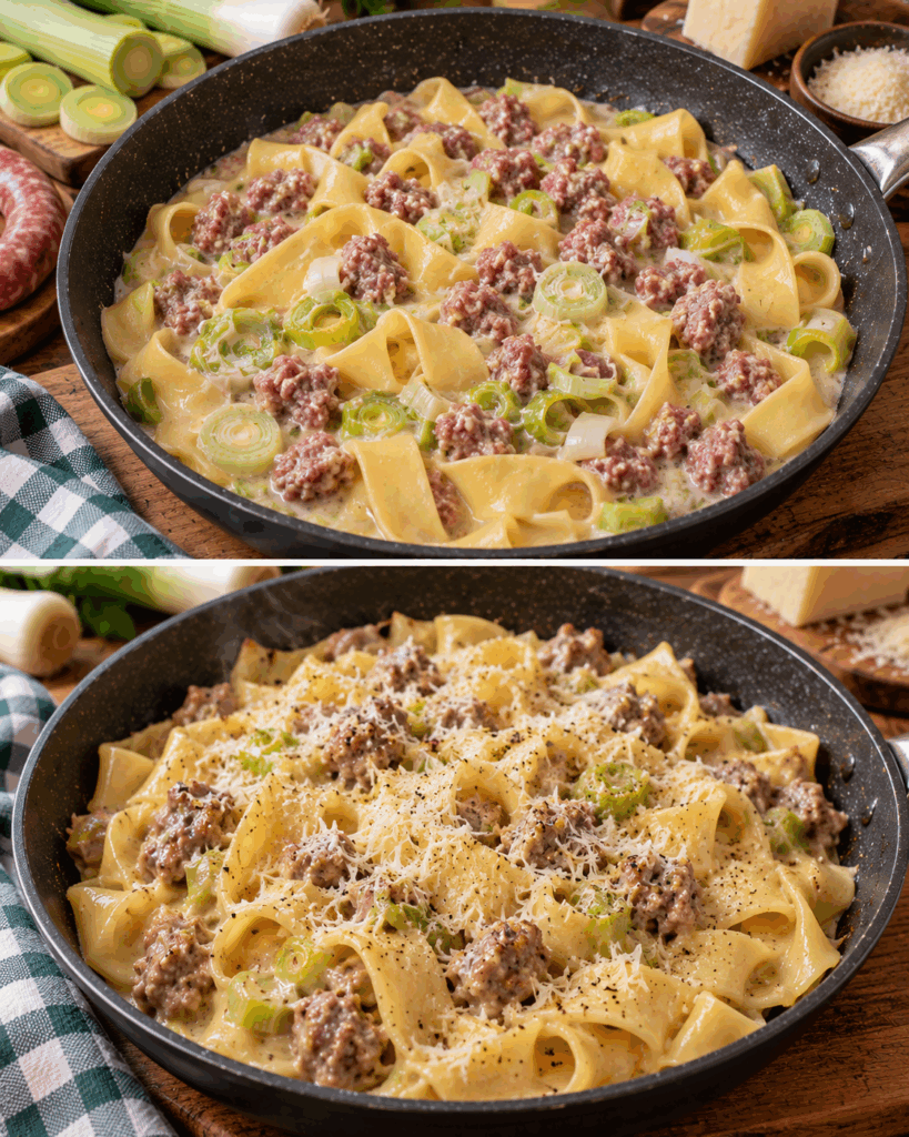 Pappardelle con Crema di Porri, Salsiccia e Pecorino – Toscana