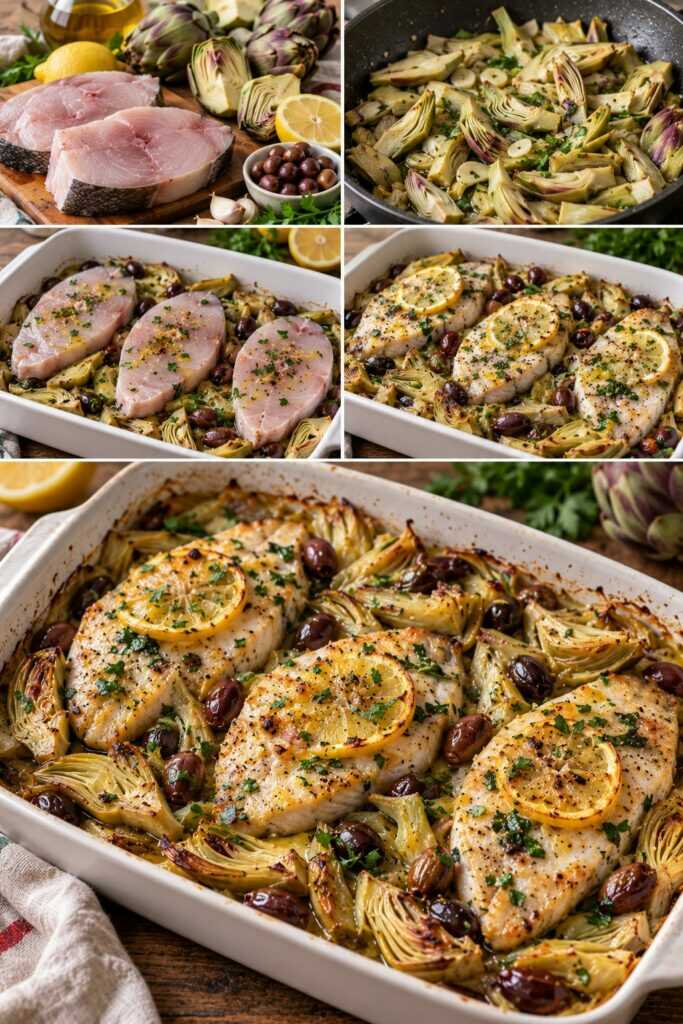 Tranci di Ricciola al Forno con Carciofi, Olive Taggiasche e Limone