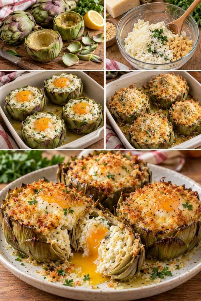 Uova al Forno nei Carciofi con Ricotta, Pecorino e Pangrattato Croccante