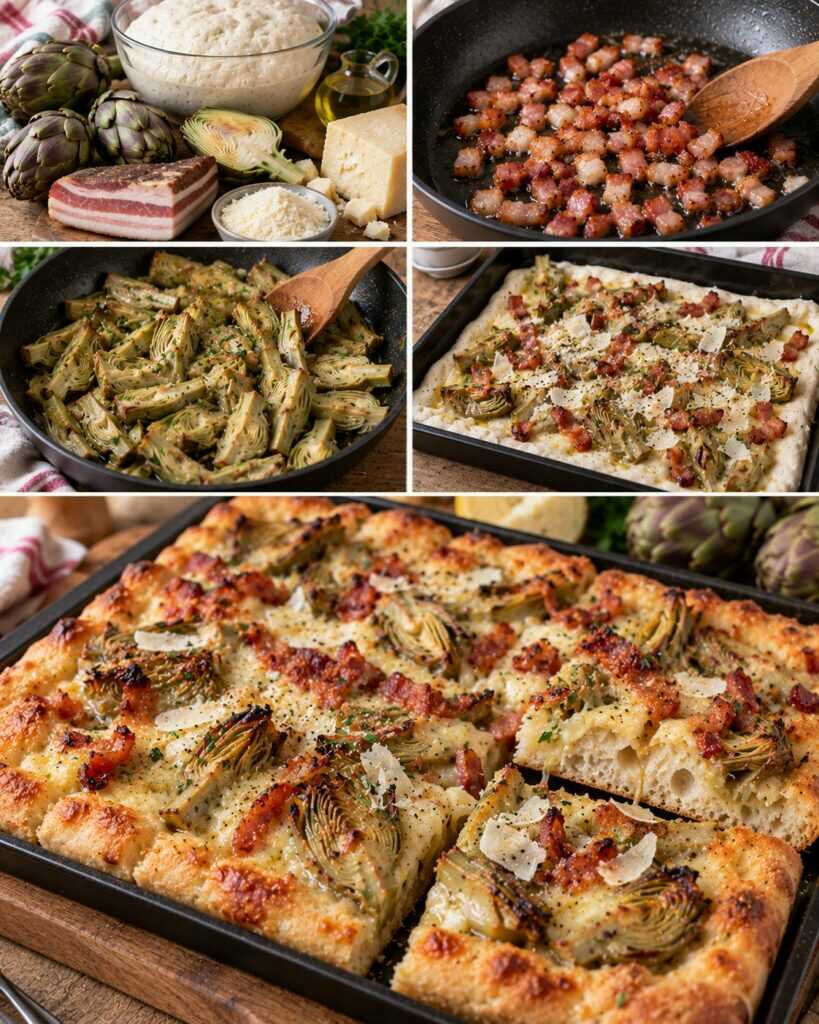 Pizza in Teglia con Carciofi, Pecorino e Guanciale Croccante – Lazio