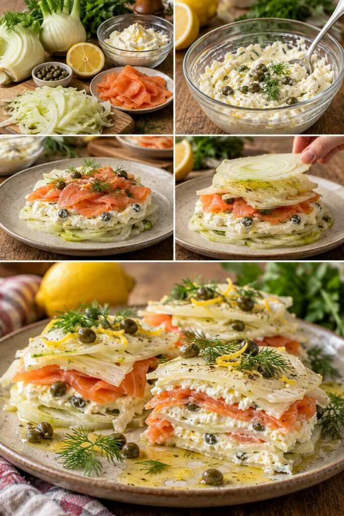 Millefoglie Fredda di Finocchi con Salmone Affumicato, Ricotta al Limone e Capperi