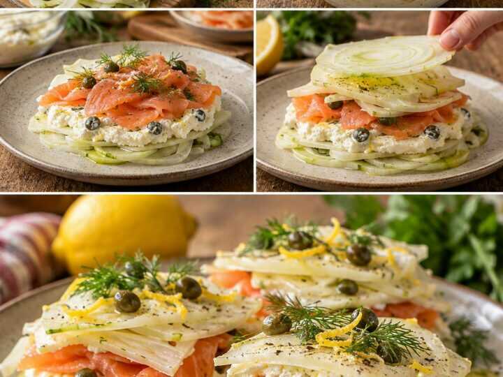 Millefoglie Fredda di Finocchi con Salmone Affumicato, Ricotta al Limone e Capperi