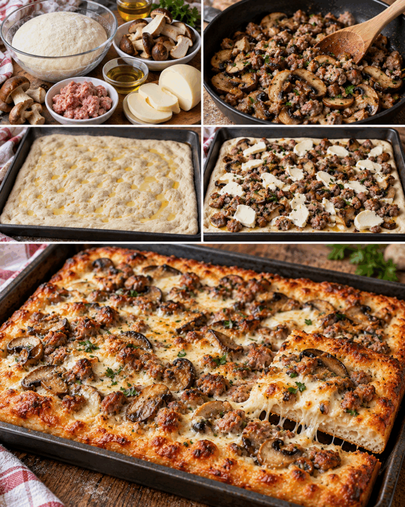 Pizza in Teglia con Funghi Porcini, Scamorza e Salsiccia – Umbria