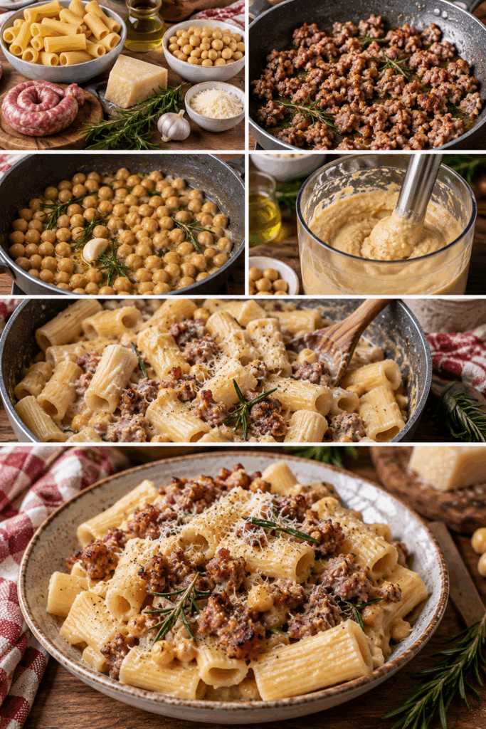 Rigatoni con Crema di Ceci, Salsiccia Croccante e Rosmarino – Umbria