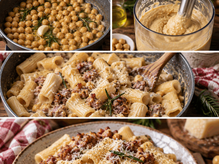 Rigatoni con Crema di Ceci, Salsiccia Croccante e Rosmarino – Umbria