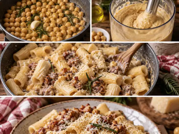 Rigatoni con Crema di Ceci, Salsiccia Croccante e Rosmarino – Umbria