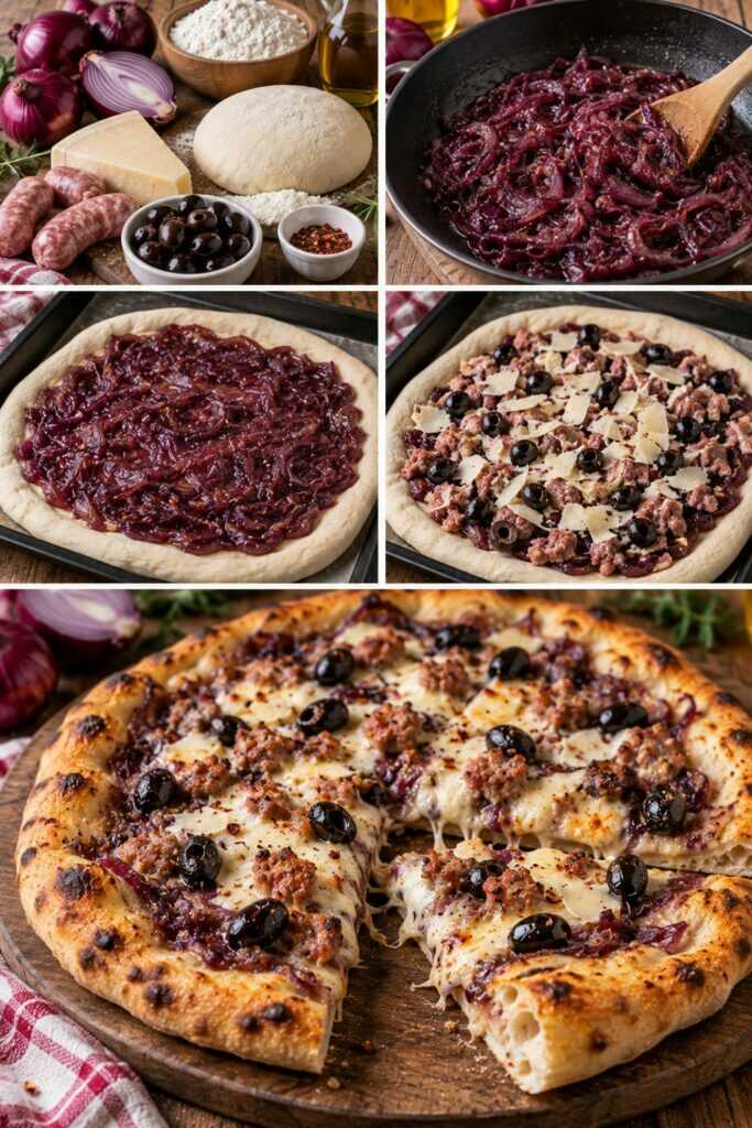 Pizza con Crema di Cipolle Rosse, Pecorino, Salsiccia e Olive Nere – Calabria