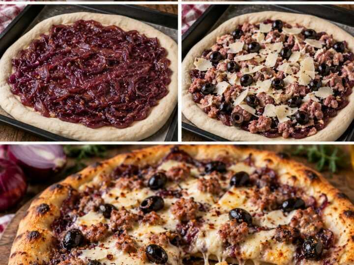Pizza con Crema di Cipolle Rosse, Pecorino, Salsiccia e Olive Nere – Calabria