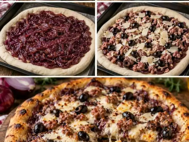 Pizza con Crema di Cipolle Rosse, Pecorino, Salsiccia e Olive Nere – Calabria