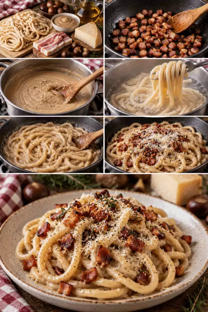 Pici con Crema di Castagne, Pancetta Croccante e Pecorino Toscano – Toscana