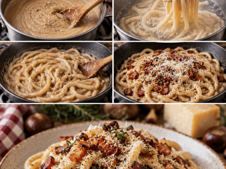 Pici con Crema di Castagne, Pancetta Croccante e Pecorino Toscano – Toscana