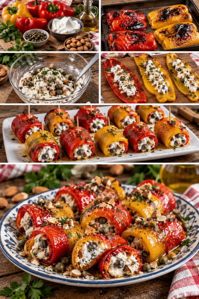 Rotolini di Peperoni Marinati con Robiola, Capperi e Mandorle – Sicilia