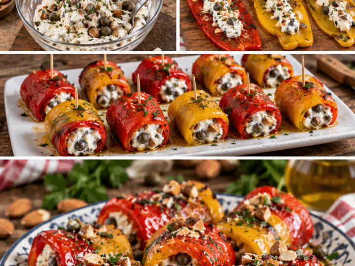 Rotolini di Peperoni Marinati con Robiola, Capperi e Mandorle – Sicilia