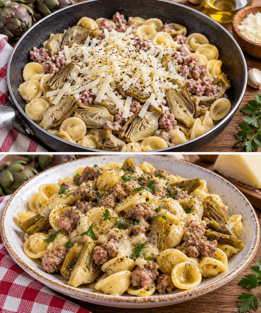 Orecchiette con Carciofi, Salsiccia e Caciocavallo – Puglia